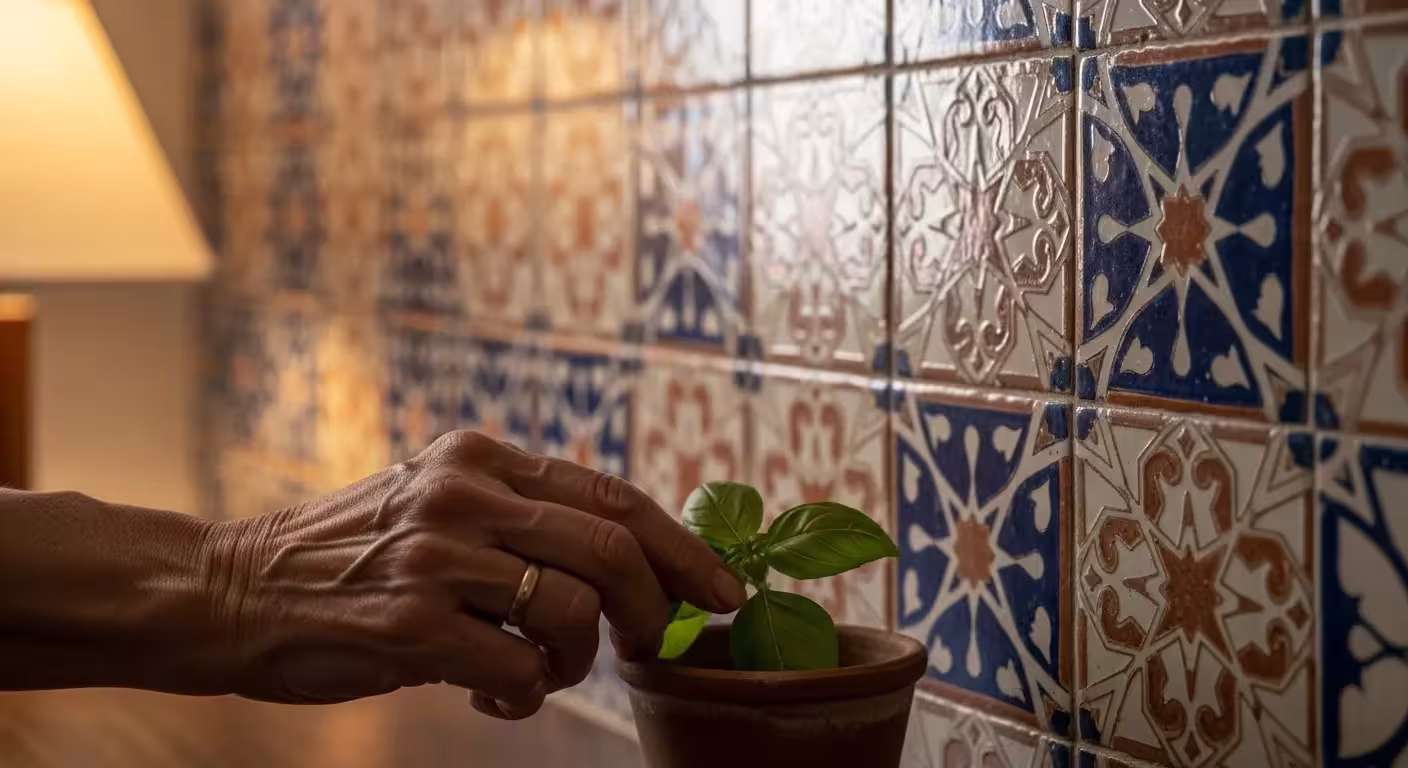 A detailed close-up of glossy, uneven Zellige kitchen tiles with a senior's hand and a small potted herb plant softly blurred nearby.