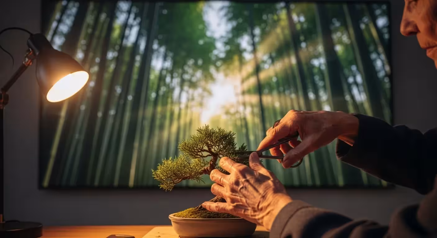A close-up of a senior's hands carefully trimming a miniature bonsai tree, with a glowing, photorealistic digital bamboo forest in the background.