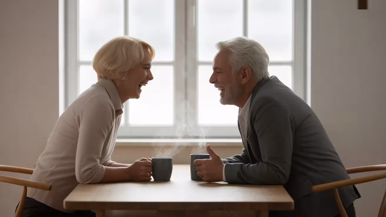 An elderly man and woman laugh together while sitting at a bright, minimalist kitchen table with coffee, embodying a sense of shared comfort.