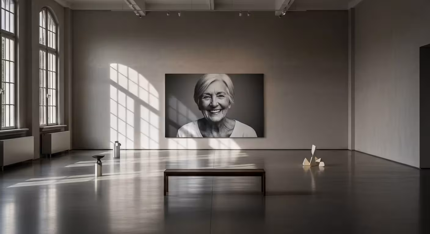 A wide view of a minimalist room with a large framed photo of a smiling elderly person on the wall, illuminated by soft window light.