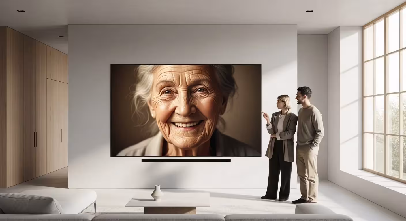 A young couple in a minimalist living room looks at a large digital screen on the wall displaying a happy, older person's face.