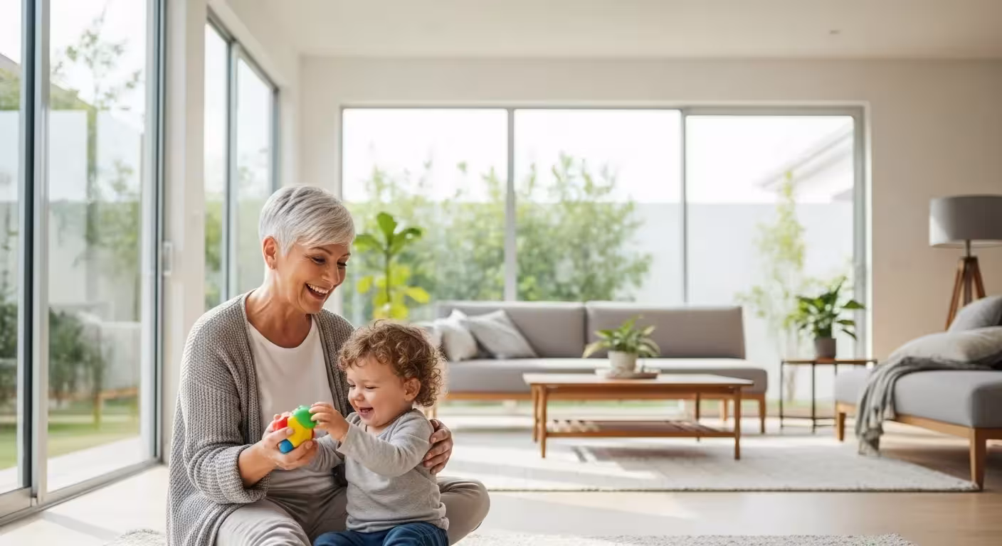 A smiling senior woman plays on the floor with her grandchild in a bright, modern living room filled with natural light.