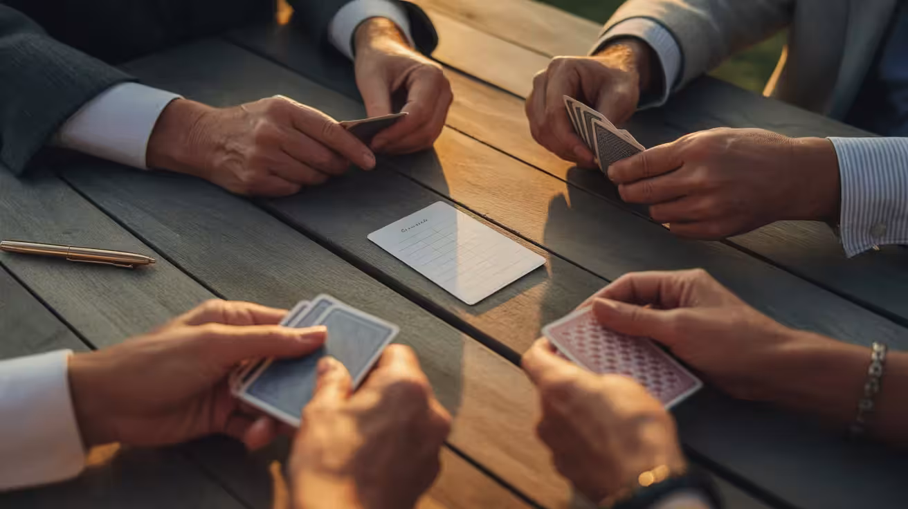 An overhead close-up of several pairs of older hands playing a card game on a wooden table at sunset, with a scorepad visible.