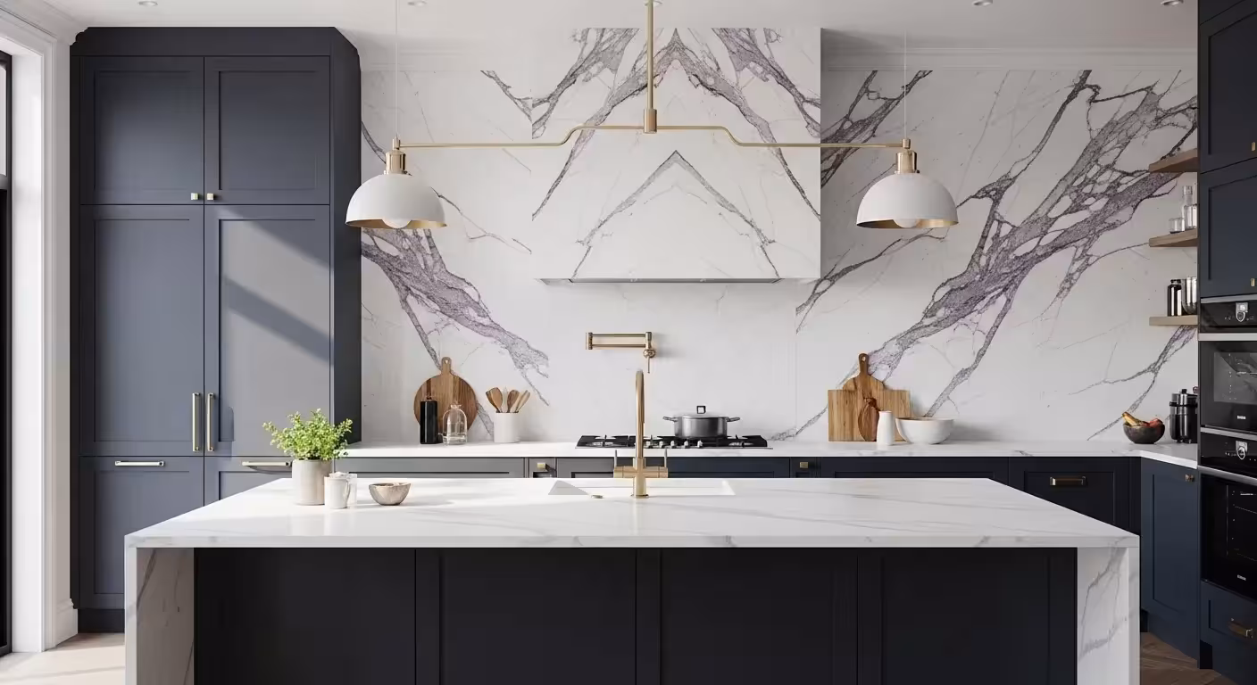 A wide view of a luxurious, modern kitchen with navy cabinets, a white island, and a dramatic purple-veined marble backsplash wall.