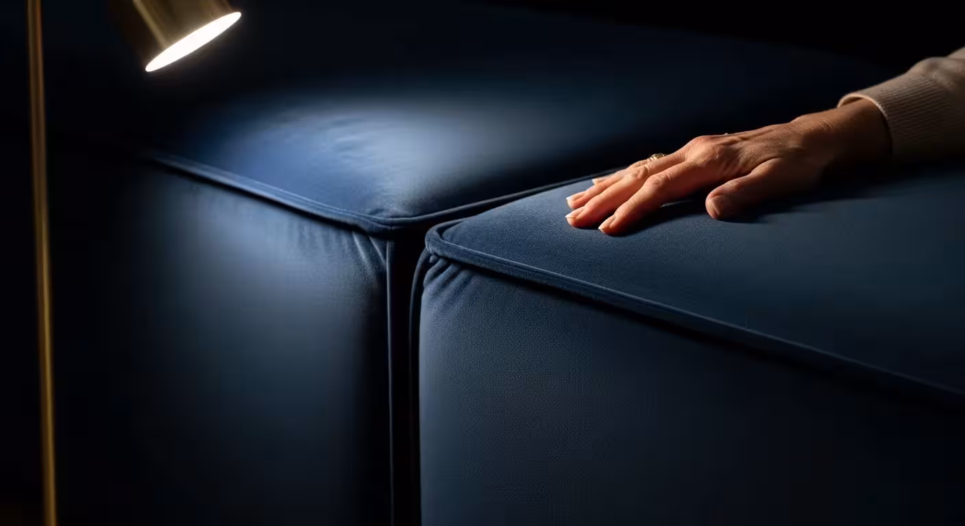 A close-up of a senior's hand resting on the seam of a navy blue velvet modular sofa, illuminated by the warm light of an evening lamp.