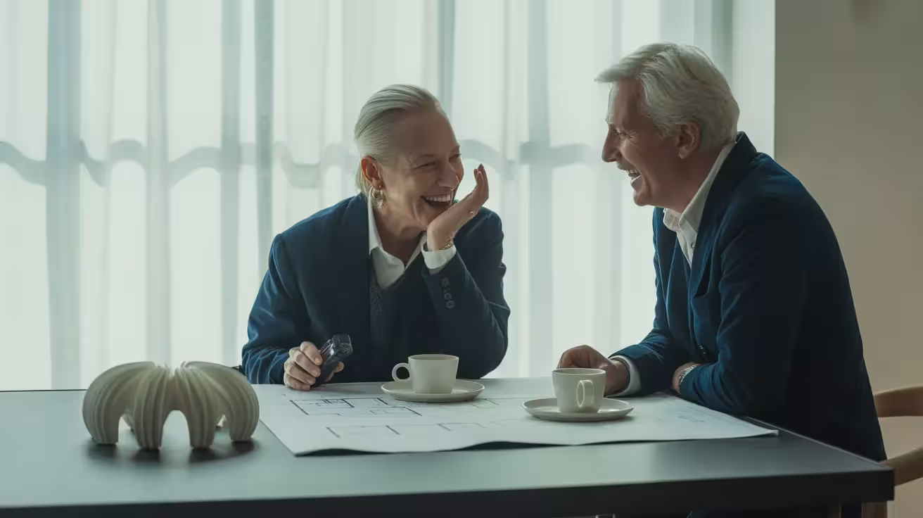 An elderly couple joyfully reviews architectural blueprints at a modern kitchen table featuring a unique 3D-printed coffee pot.