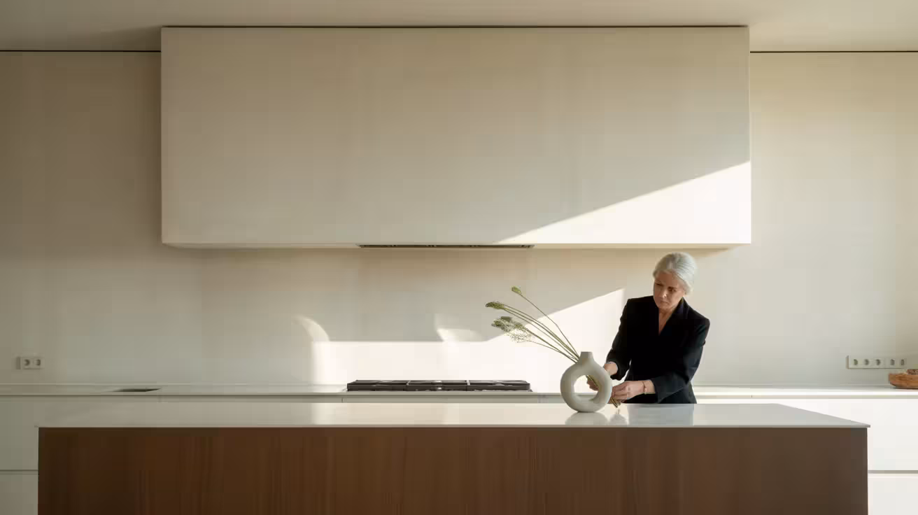 Low-angle ultra-wide view of a modern kitchen with a textured plaster wall, showing a senior woman arranging flowers at an island.