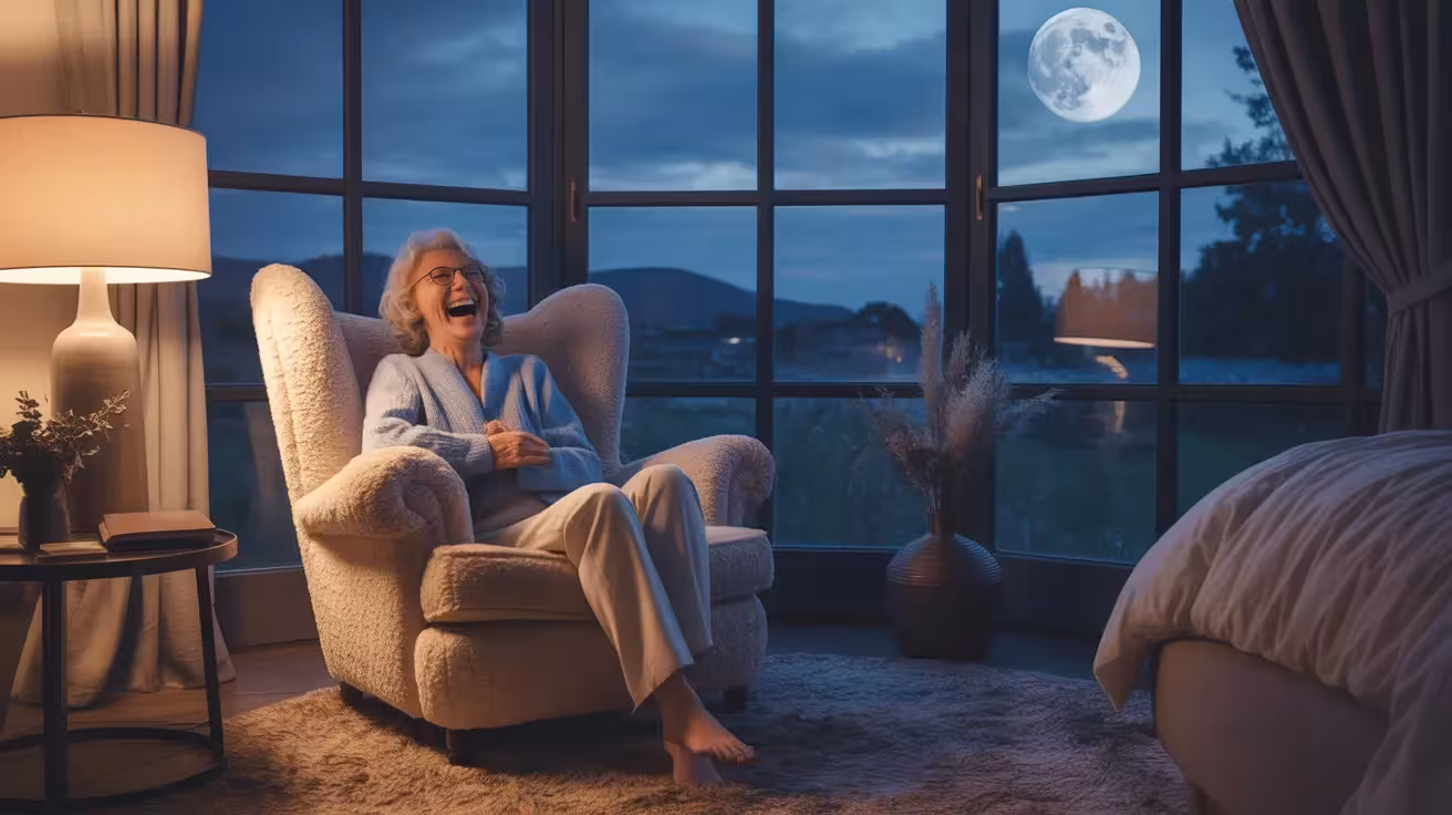 A senior woman with silver hair laughs with her head tilted back, sitting in a cozy armchair in a dark bedroom lit by moonlight from a window.