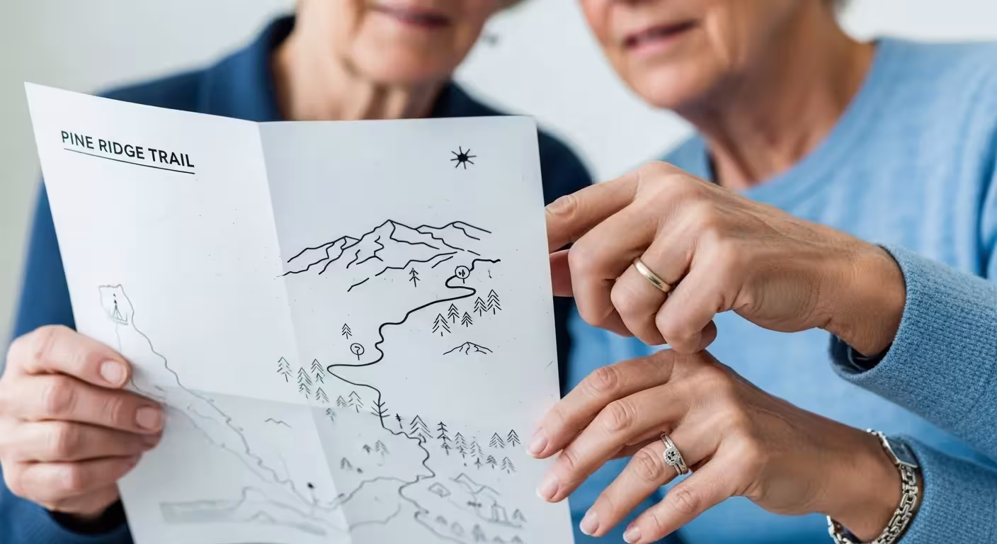 An over-the-shoulder view of an older couple's hands examining a modern, stylized map under cool, bright office lighting.